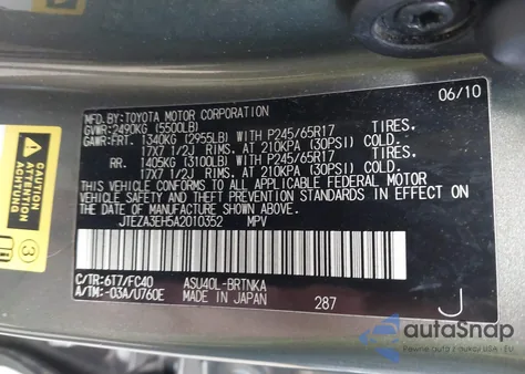 2010 Toyota Highlander from USA, damaged, VIN JTEZA3EH5A2010352